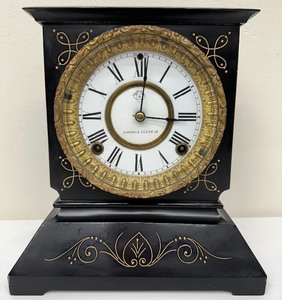 lot 93 image: Antique Ansonia Enameled Iron Mantle Clock with Beveled Glass Front
