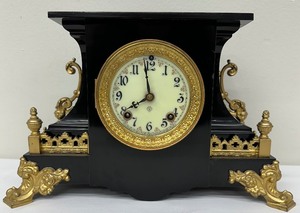 lot 120 image: Antique Ansonia Enameled Iron Mantle Clock with Beveled Glass Front