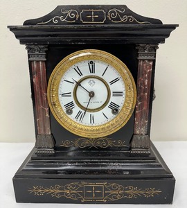 lot 129 image: Antique Ansonia Enameled Iron Mantle Clock with Nero Bell Strike