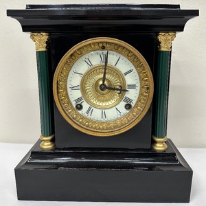 lot 169 image: Antique Ansonia Enameled Iron Mantle Clock with Beveled Glass Front