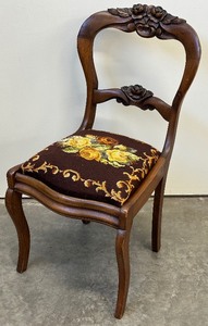 lot 80F image: Vintage Carved Wood Chair with Embroidered Seat