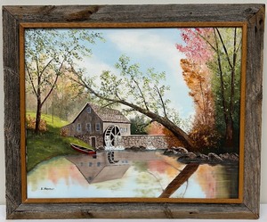 lot 51A image: Original Oil Painting by K. Herman - Country Mill by Pond