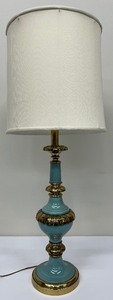 lot 73L image: Mid Century Brass Enameled (Aqua) Lamp with Shade