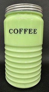 lot 30 image: Vintage Jeannette Jadeite Glass Coffee Canister with Original Aluminum Lid