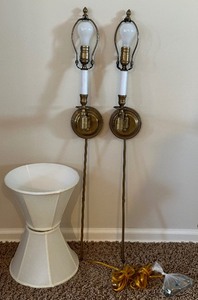 lot 46L image: Lovely Brass Wall Sconces with Electric Cord Plug-In, Made by Visual Comfort & Co.