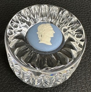 lot 148 image: Vintage Wedgwood Lead Crystal Drum Paperweight with Blue Jasperware Cameo of Greek Emperor