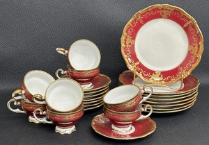 lot 187C image: Vintage Porcelain Weimar German Gilded Katharina Demitasse Tea Set, Maroon