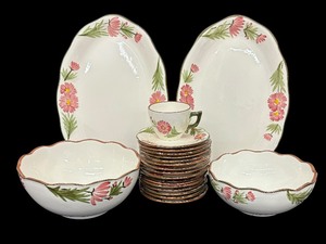 lot 85 image: Stangl Pottery Pink Cosmos Platters, Plates, Saucers, Bowls and Cup