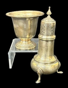 lot 55C image: Vintage Sterling Silver Footed Salt  Pepper Shaker and Dish