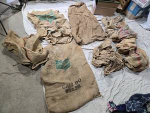 lot 11 image: Collection of 6 Vintage Cafe Burlap Coffee Bags - Some Torn