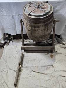 lot 12 image: Antique Wooden Churn with Parts of Original Stand Stand and Metal Lid