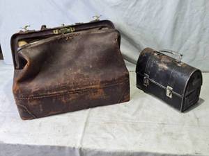 lot 19 image: Leather Doctors Bag and Black Metal Lunch Box