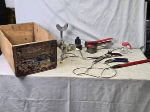 lot 39 image: Vintage Mixed Tool Lot with Wooden Box and Kitchen and Garden Gadgets