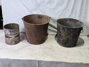 lot 40 image: 2 Metal Buckets and Vintage Mobile Can