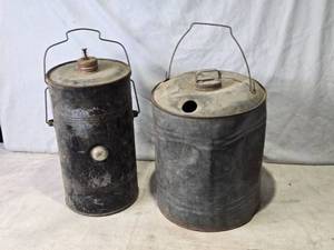 lot 43 image: Vintage Waste Oil Heater Barrel with Gauge and Fuel Can