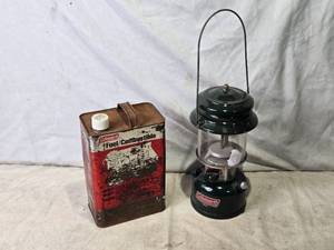 lot 49 image: Coleman Model 288 Dual Fuel Lantern with Partially Full Can of Fuel