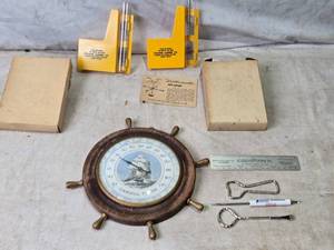 lot 54 image: Cargill Feeds Thermometer, 2 Stearns Lumber Plastic Rain Gauges, Bottle Openers and More
