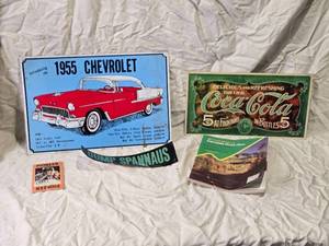 lot 86 image: Repop 1955 Chevrolet Advertisement Sign with Coke Sign, Road Atlas, and Pioneer Card