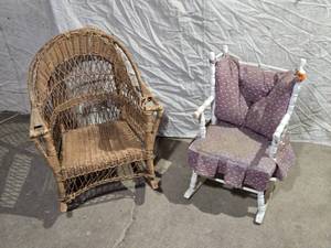 lot 102 image: 2 Kids or Dolls Vintage Wicker and Rocking Armchairs