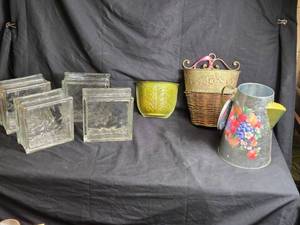 lot 107 image: Collection of Decorative Glass Blocks, Floral Planters, and Painted Metal Pitcher