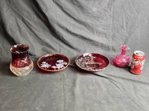 lot 130 image: Vintage Ruby Red Glass Serving Pieces - Not a Set