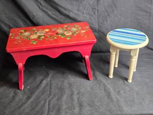 lot 146 image: Vintage Hand-painted Red Stool with Floral Design and Small Round Blue-striped Side Table Both 11 or So Tall