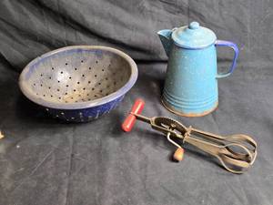 lot 149 image: Blue Enamel Coffee Pot, Colander, and Egg Beater