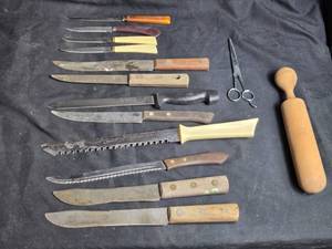 lot 159 image: Old Kitchen Knives, Scissors, and Rolling Pin