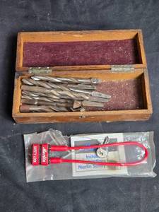lot 161 image: Vintage Wood Box with Drill Bits and Gun Safety Lock