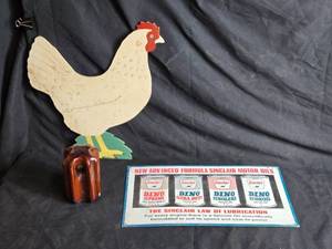 lot 172 image: Sinclair Motor Oils Sign with Wood Chicken and Insulator
