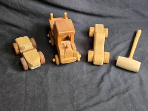 lot 173 image: Vintage Wooden Toy Vehicle Set with Truck, Racer, and Mallet