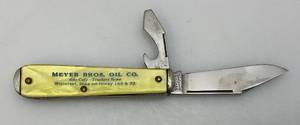 lot 147 image: Vintage Double Blade Pocket Knife With Meyer Bros. Oil Co. Advertisement