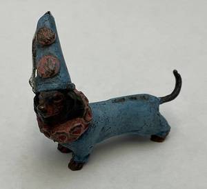 lot 159 image: Antique Miniature Vienna Bronze Dachshund Clown Harlequin Baby Blue Costume Figurine 2 x 1 34