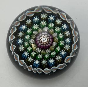 lot 165 image: EST. $100.00 - $250.00 Vintage Perthshire Art Glass Paperweight Twists And Millefiori With Paper Label (NIB)