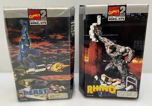 lot 16 image: Two 1990s Marvel Comics Level 2 Model Kits Including Rhino & Beast (NIB)  Packaging Shows Signs Of  Wear