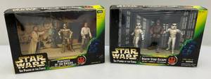lot 70 image: 1997 STAR WARS The Power Of The Force Death Star Escape & Purchase Of The Droids Action Figure Sets (NIB)  Packaging Show Signs Shelf Wear