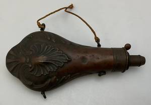 lot 130 image: Antique Embossed J.W. Hawksley Civil War BrassCopper Black Powder Flask Horn