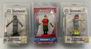 lot 254 image: DC & Justice League  Wooden Puppets Including Batman, Batgirl & Robin (NIP)