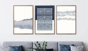 lot 102 image: New Set of 3 TOARTi Framed Canvas Blue White Abstract Illustration Wall Art 16x24 inches $94.99 Retail B