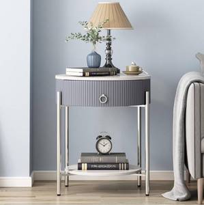 lot 130 image: Brand New OIOG Modern 2 Tier End Table with Drawer and Shelf, Silver $129.99 Retail B