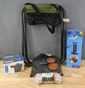 lot 65A image: Brand New H2O Hand Pump, Bestway Electric Air Pump, 60 Foot Utility Cord, Camping Mess Kit and Folding Camp Stool N