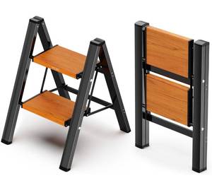 lot 178 image: New WOA WOA 2 Step Foldable Step Ladder with Widening Pedals for Extra Balance 300 lbs. Capacity Black & Wood Grain $59.90 Retail B