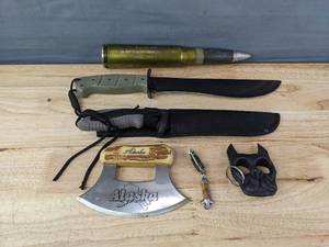 lot 196 image: Collection of Quicksilver 10 Blade Knife, Tac Assault 7 Blade Knife, Dummy Round Cartridge, Alaska Ulu Knife, Multi-Took Knife and Brutus the Bull  Dog Public Safety Keychain K