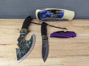 lot 88 image: Collection of 4 Knives Chopper Folding Knife, Dragons Talon Folding Knife, 2-Piece Grim Reaper Hatchet Axe and Knife Combo Set K