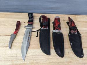 lot 185 image: Collection of 5 Knives and 3 Sheaths Frost Cutlery, Frost USA Brown Bear and More K