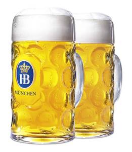 lot 58 image: New 1 Liter HB Hofbrauhaus Munchen Dimpled Glass Beer Steins, Set of 2 B