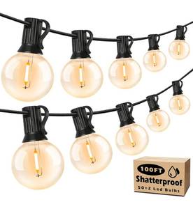 lot 70 image: New Brightever LED IndoorOutdoor String Lights 100FT Patio Lights with 52 Shatterproof G40 Edison Bulbs Waterproof $49.99 Retail B