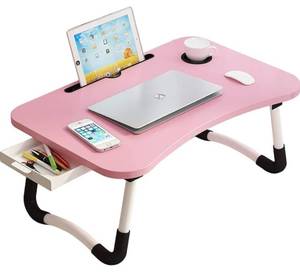 lot 193 image: New VIDACIDI Lap Desk with Storage Drawer, Holders for Cup and Tablet, Tray Table with Foldable Legs, Laptop Bed Stand in Pink $50.00 Retail B