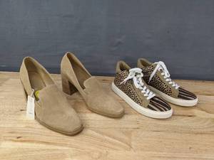 lot 204 image: 2 Pairs of Shoes New Joie Wevenly Suede Block Heels & Faryl by Faryl Robin High Top Sneakers Womens Size 9 E