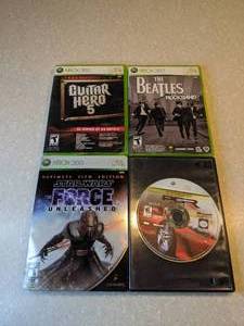 lot 445 image: 4 Total XBOX 360 PGR Project Gotham Racing Star Wars The Force Unleased The Beatles Rock Band Guitar Hero 5 R